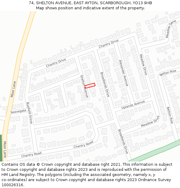 74, SHELTON AVENUE, EAST AYTON, SCARBOROUGH, YO13 9HB: Location map and indicative extent of plot