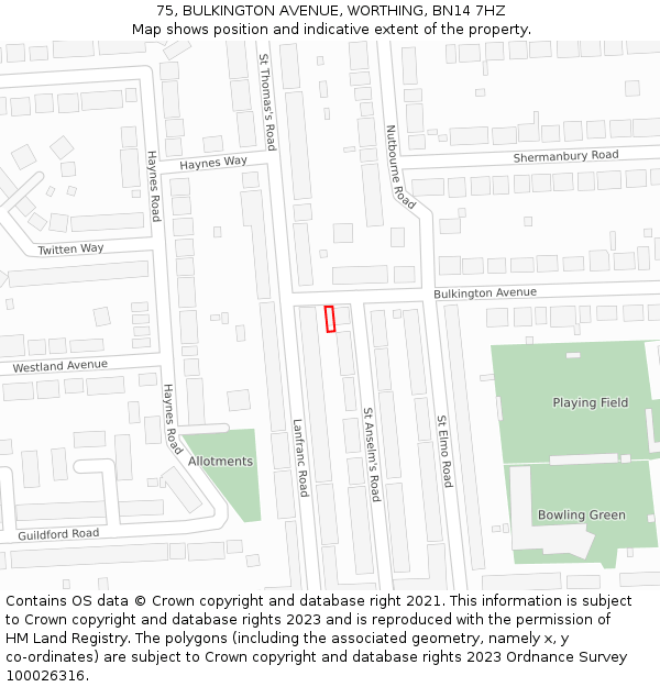 75, BULKINGTON AVENUE, WORTHING, BN14 7HZ: Location map and indicative extent of plot