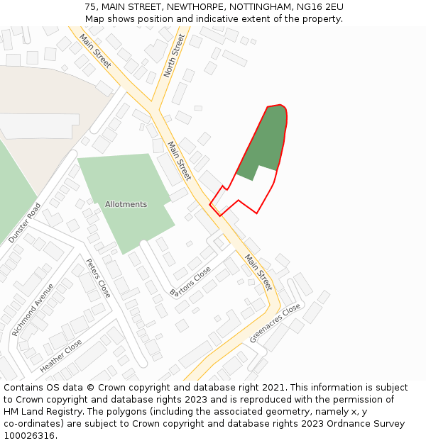 75, MAIN STREET, NEWTHORPE, NOTTINGHAM, NG16 2EU: Location map and indicative extent of plot