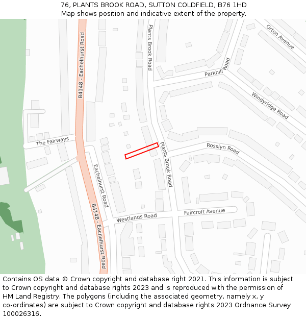 76, PLANTS BROOK ROAD, SUTTON COLDFIELD, B76 1HD: Location map and indicative extent of plot