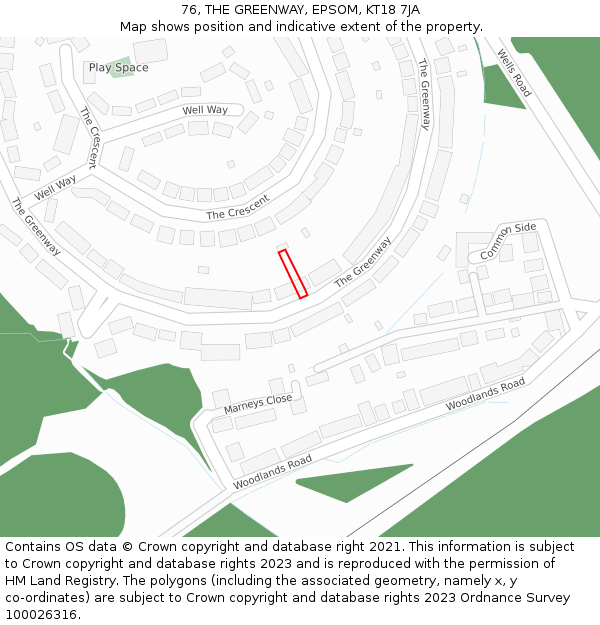 76, THE GREENWAY, EPSOM, KT18 7JA: Location map and indicative extent of plot