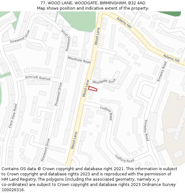 77, WOOD LANE, WOODGATE, BIRMINGHAM, B32 4AD: Location map and indicative extent of plot