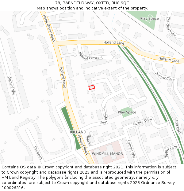 78, BARNFIELD WAY, OXTED, RH8 9QG: Location map and indicative extent of plot