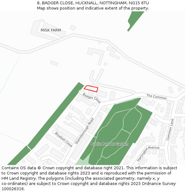 8, BADGER CLOSE, HUCKNALL, NOTTINGHAM, NG15 6TU: Location map and indicative extent of plot