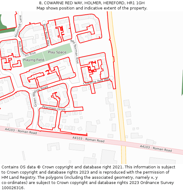 8, COWARNE RED WAY, HOLMER, HEREFORD, HR1 1GH: Location map and indicative extent of plot