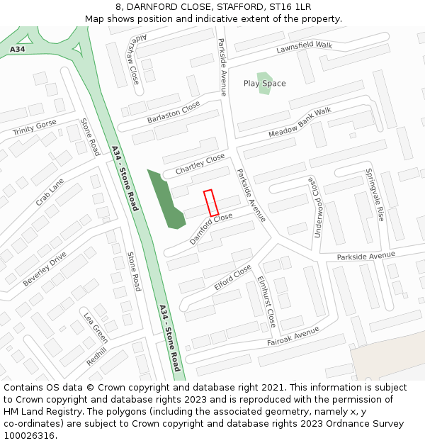 8, DARNFORD CLOSE, STAFFORD, ST16 1LR: Location map and indicative extent of plot