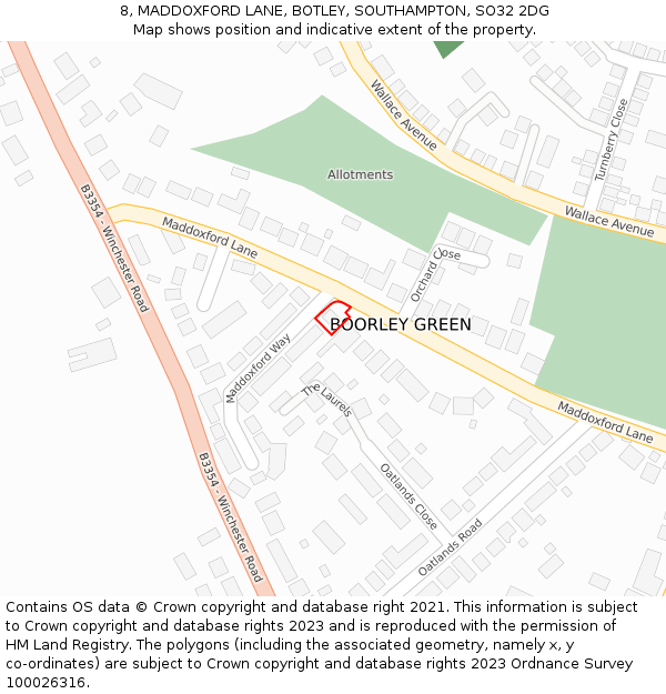 8, MADDOXFORD LANE, BOTLEY, SOUTHAMPTON, SO32 2DG: Location map and indicative extent of plot