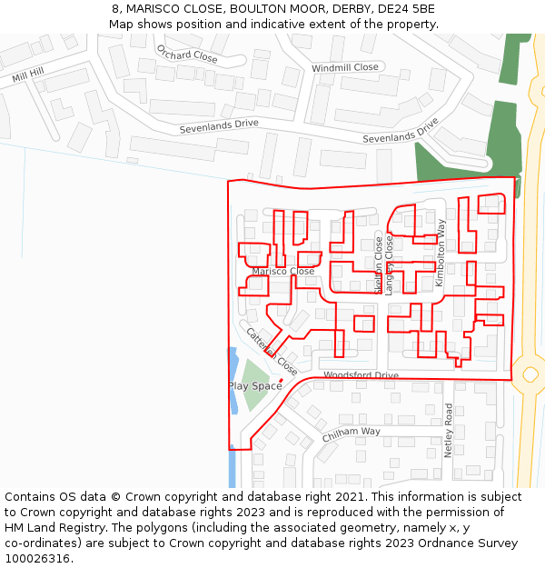 8, MARISCO CLOSE, BOULTON MOOR, DERBY, DE24 5BE: Location map and indicative extent of plot