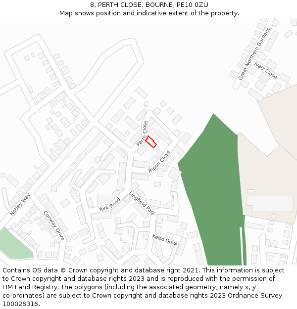 8, PERTH CLOSE, BOURNE, PE10 0ZU: Location map and indicative extent of plot