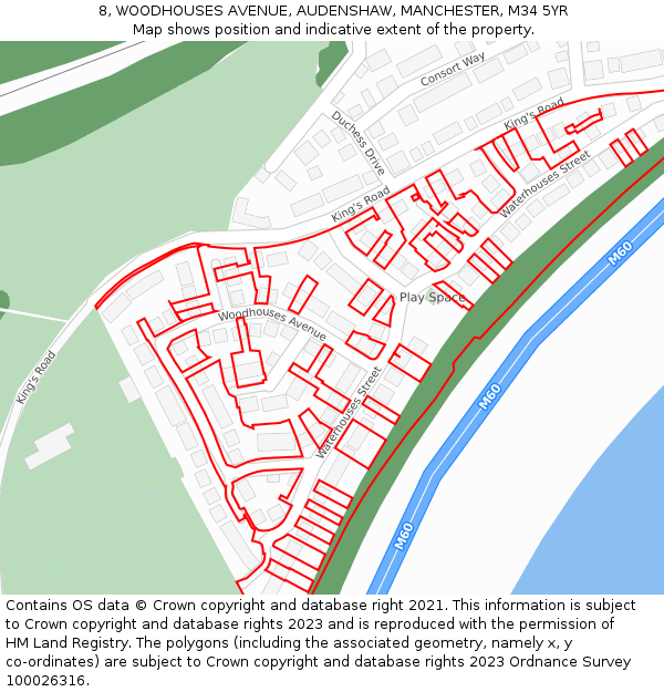 8, WOODHOUSES AVENUE, AUDENSHAW, MANCHESTER, M34 5YR: Location map and indicative extent of plot