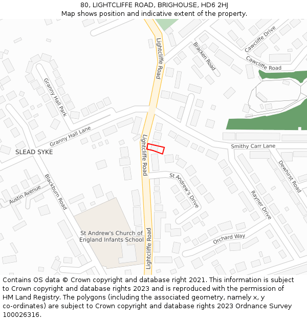 80, LIGHTCLIFFE ROAD, BRIGHOUSE, HD6 2HJ: Location map and indicative extent of plot