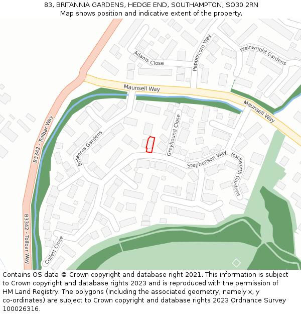 83, BRITANNIA GARDENS, HEDGE END, SOUTHAMPTON, SO30 2RN: Location map and indicative extent of plot