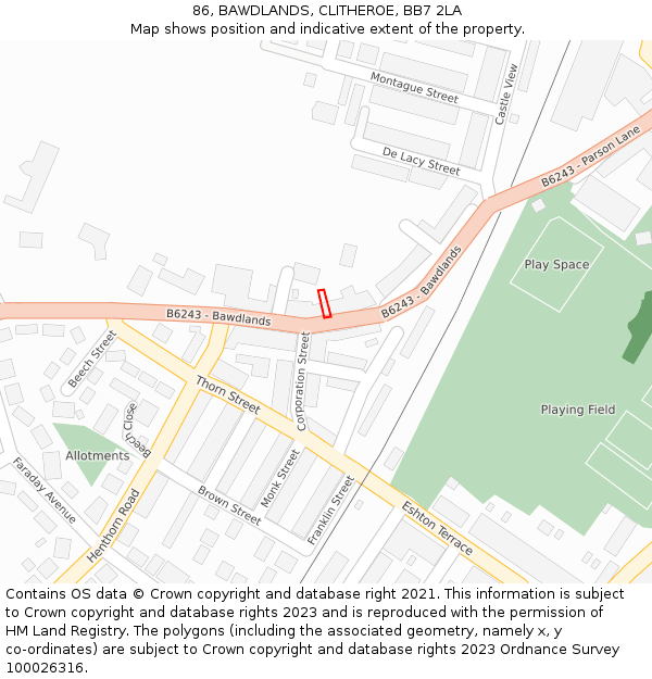 86, BAWDLANDS, CLITHEROE, BB7 2LA: Location map and indicative extent of plot
