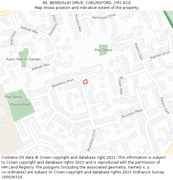 86, BEARDSLEY DRIVE, CHELMSFORD, CM1 6ZG: Location map and indicative extent of plot