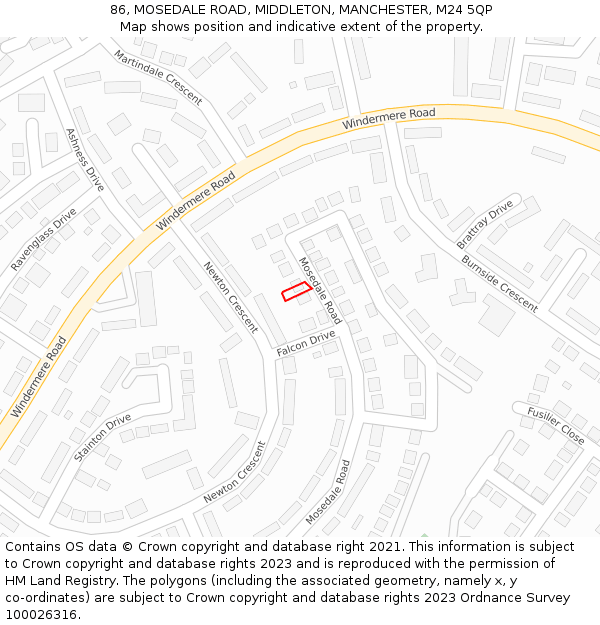 86, MOSEDALE ROAD, MIDDLETON, MANCHESTER, M24 5QP: Location map and indicative extent of plot