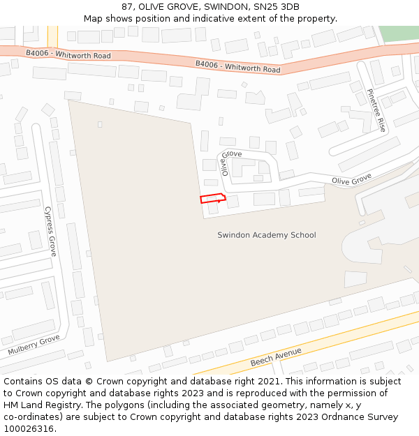 87, OLIVE GROVE, SWINDON, SN25 3DB: Location map and indicative extent of plot