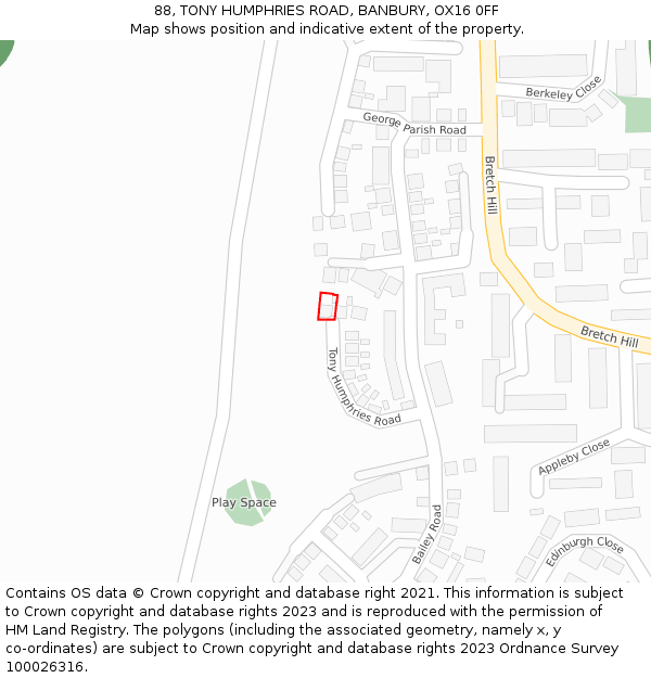 88, TONY HUMPHRIES ROAD, BANBURY, OX16 0FF: Location map and indicative extent of plot