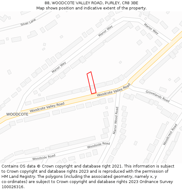 88, WOODCOTE VALLEY ROAD, PURLEY, CR8 3BE: Location map and indicative extent of plot