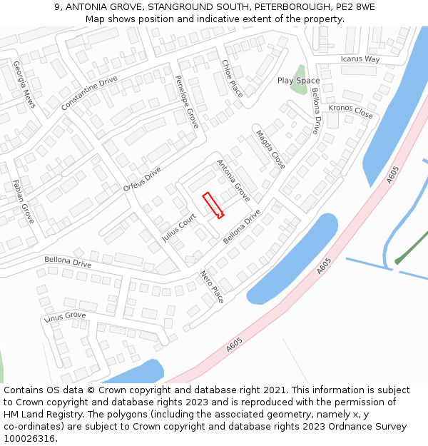 9, ANTONIA GROVE, STANGROUND SOUTH, PETERBOROUGH, PE2 8WE: Location map and indicative extent of plot