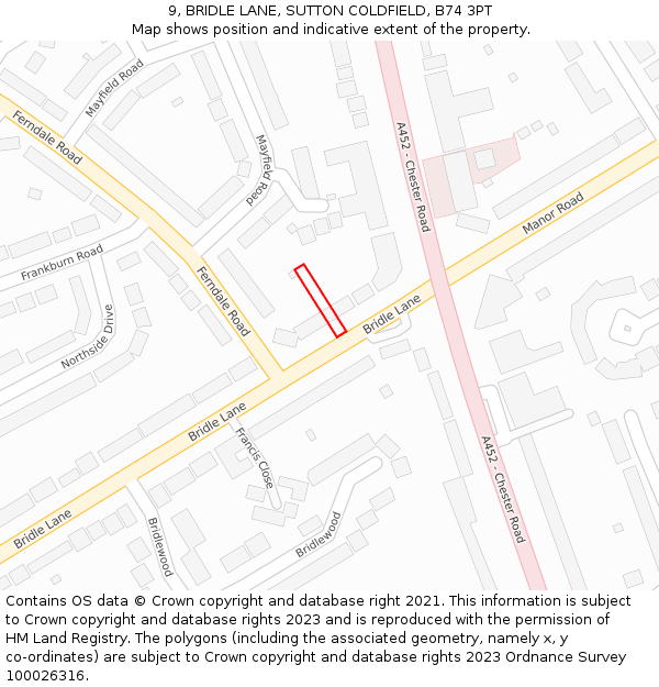 9, BRIDLE LANE, SUTTON COLDFIELD, B74 3PT: Location map and indicative extent of plot