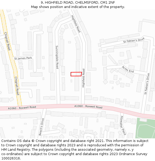 9, HIGHFIELD ROAD, CHELMSFORD, CM1 2NF: Location map and indicative extent of plot