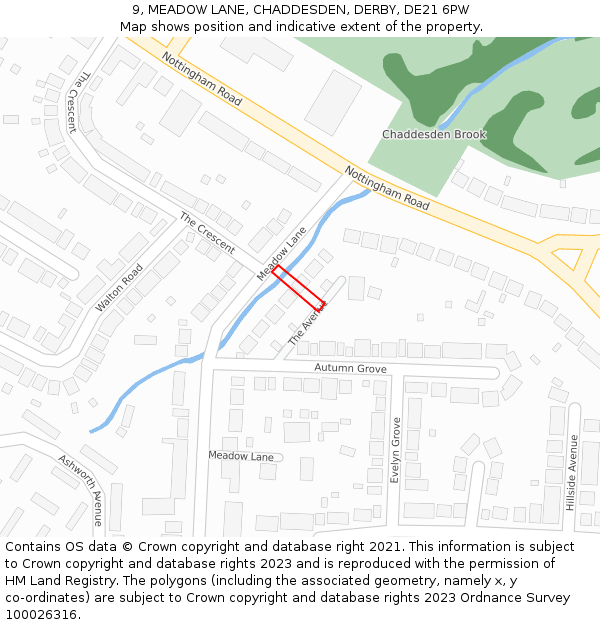 9, MEADOW LANE, CHADDESDEN, DERBY, DE21 6PW: Location map and indicative extent of plot