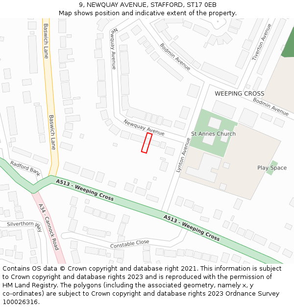 9, NEWQUAY AVENUE, STAFFORD, ST17 0EB: Location map and indicative extent of plot