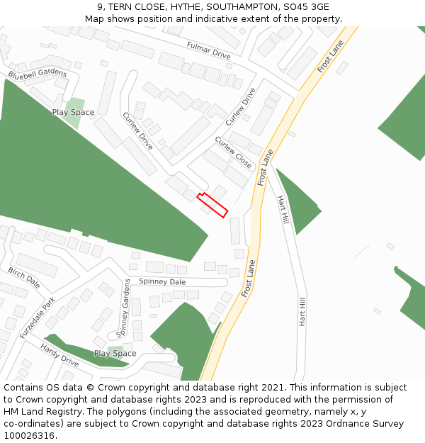 9, TERN CLOSE, HYTHE, SOUTHAMPTON, SO45 3GE: Location map and indicative extent of plot