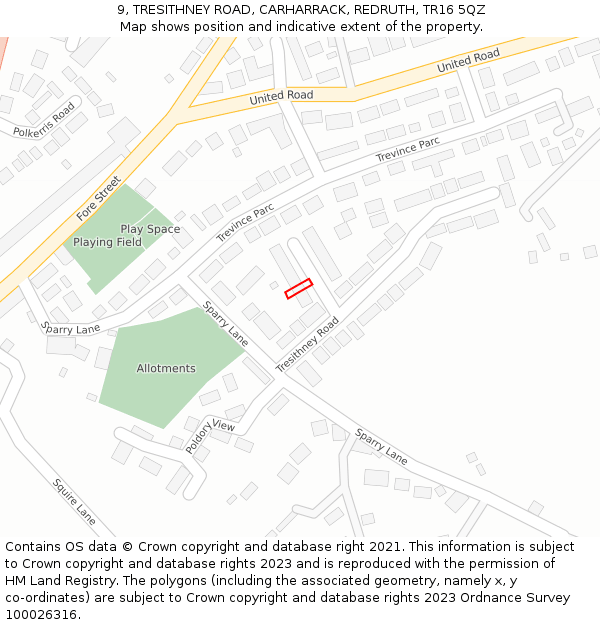 9, TRESITHNEY ROAD, CARHARRACK, REDRUTH, TR16 5QZ: Location map and indicative extent of plot