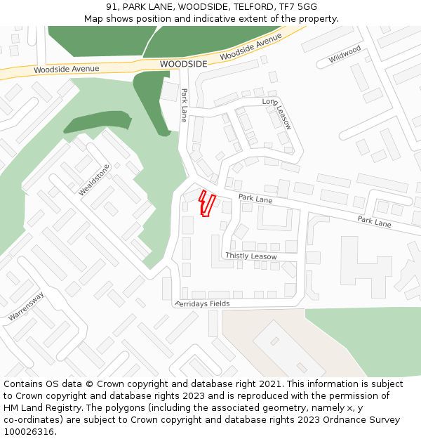 91, PARK LANE, WOODSIDE, TELFORD, TF7 5GG: Location map and indicative extent of plot