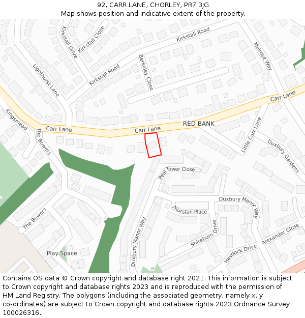 92, CARR LANE, CHORLEY, PR7 3JG: Location map and indicative extent of plot