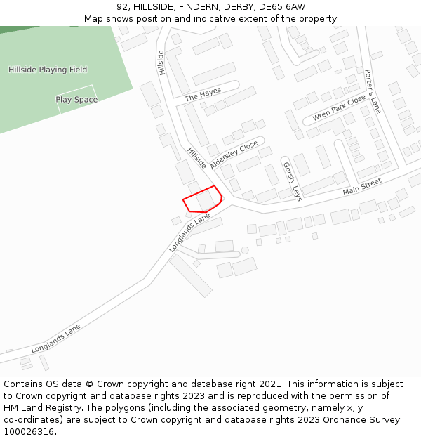 92, HILLSIDE, FINDERN, DERBY, DE65 6AW: Location map and indicative extent of plot