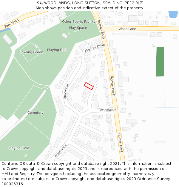 94, WOODLANDS, LONG SUTTON, SPALDING, PE12 9LZ: Location map and indicative extent of plot