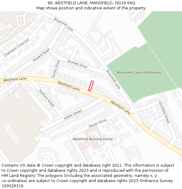 96, WESTFIELD LANE, MANSFIELD, NG19 6AQ: Location map and indicative extent of plot