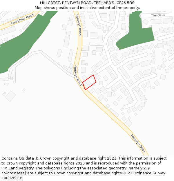 HILLCREST, PENTWYN ROAD, TREHARRIS, CF46 5BS: Location map and indicative extent of plot