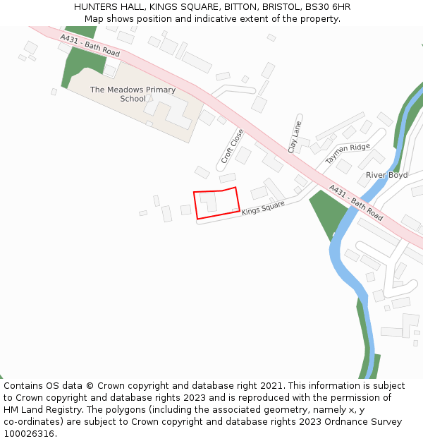 HUNTERS HALL, KINGS SQUARE, BITTON, BRISTOL, BS30 6HR: Location map and indicative extent of plot