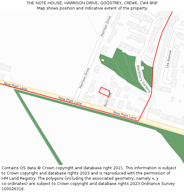 THE NOTE HOUSE, HARRISON DRIVE, GOOSTREY, CREWE, CW4 8NP: Location map and indicative extent of plot