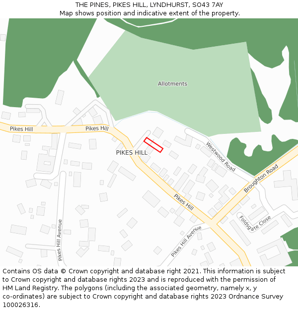 THE PINES, PIKES HILL, LYNDHURST, SO43 7AY: Location map and indicative extent of plot