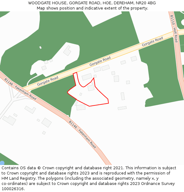 WOODGATE HOUSE, GORGATE ROAD, HOE, DEREHAM, NR20 4BG: Location map and indicative extent of plot