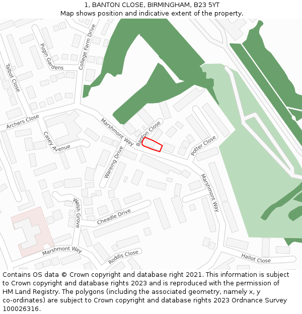 1, BANTON CLOSE, BIRMINGHAM, B23 5YT: Location map and indicative extent of plot