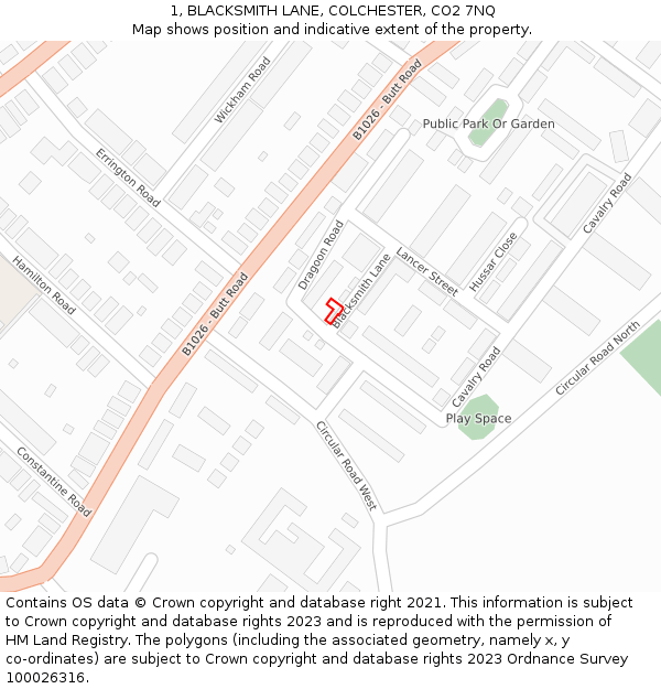 1, BLACKSMITH LANE, COLCHESTER, CO2 7NQ: Location map and indicative extent of plot