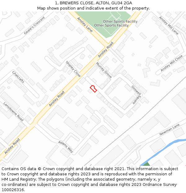 1, BREWERS CLOSE, ALTON, GU34 2GA: Location map and indicative extent of plot