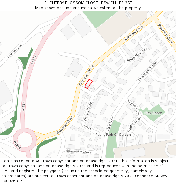 1, CHERRY BLOSSOM CLOSE, IPSWICH, IP8 3ST: Location map and indicative extent of plot
