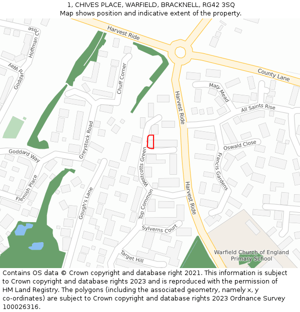 1, CHIVES PLACE, WARFIELD, BRACKNELL, RG42 3SQ: Location map and indicative extent of plot