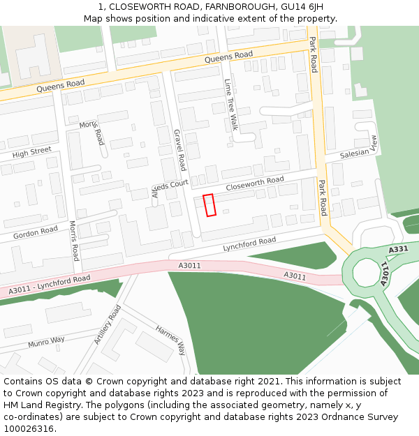 1, CLOSEWORTH ROAD, FARNBOROUGH, GU14 6JH: Location map and indicative extent of plot