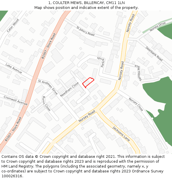 1, COULTER MEWS, BILLERICAY, CM11 1LN: Location map and indicative extent of plot