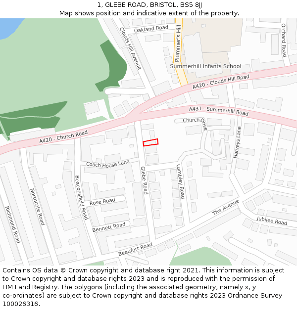 1, GLEBE ROAD, BRISTOL, BS5 8JJ: Location map and indicative extent of plot