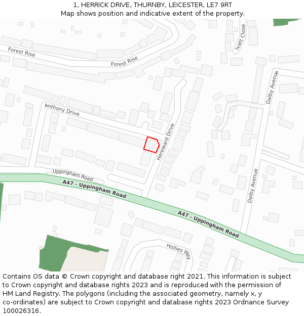1, HERRICK DRIVE, THURNBY, LEICESTER, LE7 9RT: Location map and indicative extent of plot