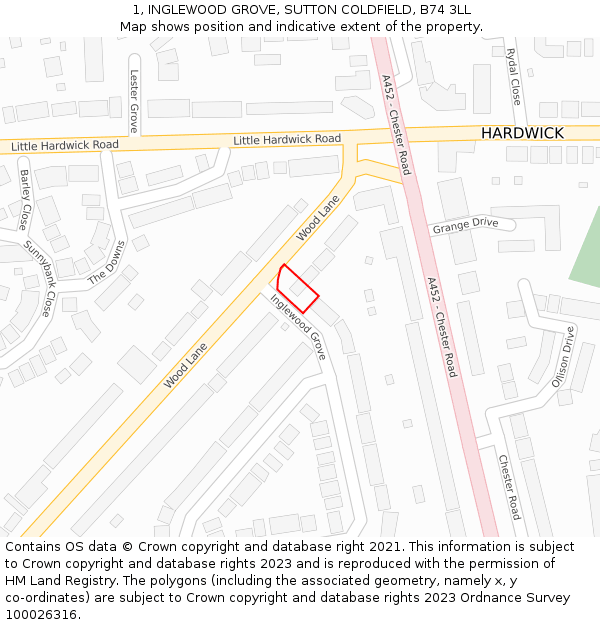 1, INGLEWOOD GROVE, SUTTON COLDFIELD, B74 3LL: Location map and indicative extent of plot