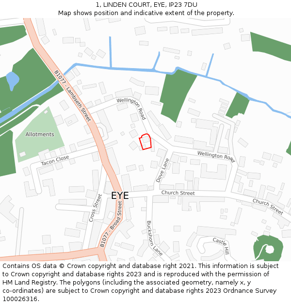 1, LINDEN COURT, EYE, IP23 7DU: Location map and indicative extent of plot